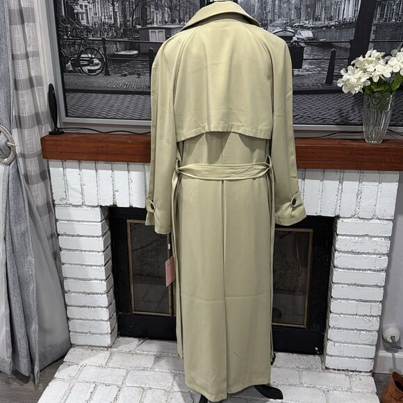AVEC LES FILLES Women Trench Coat Long Maxi Khaki Tan Green Large Belted - Picture 4 of 16